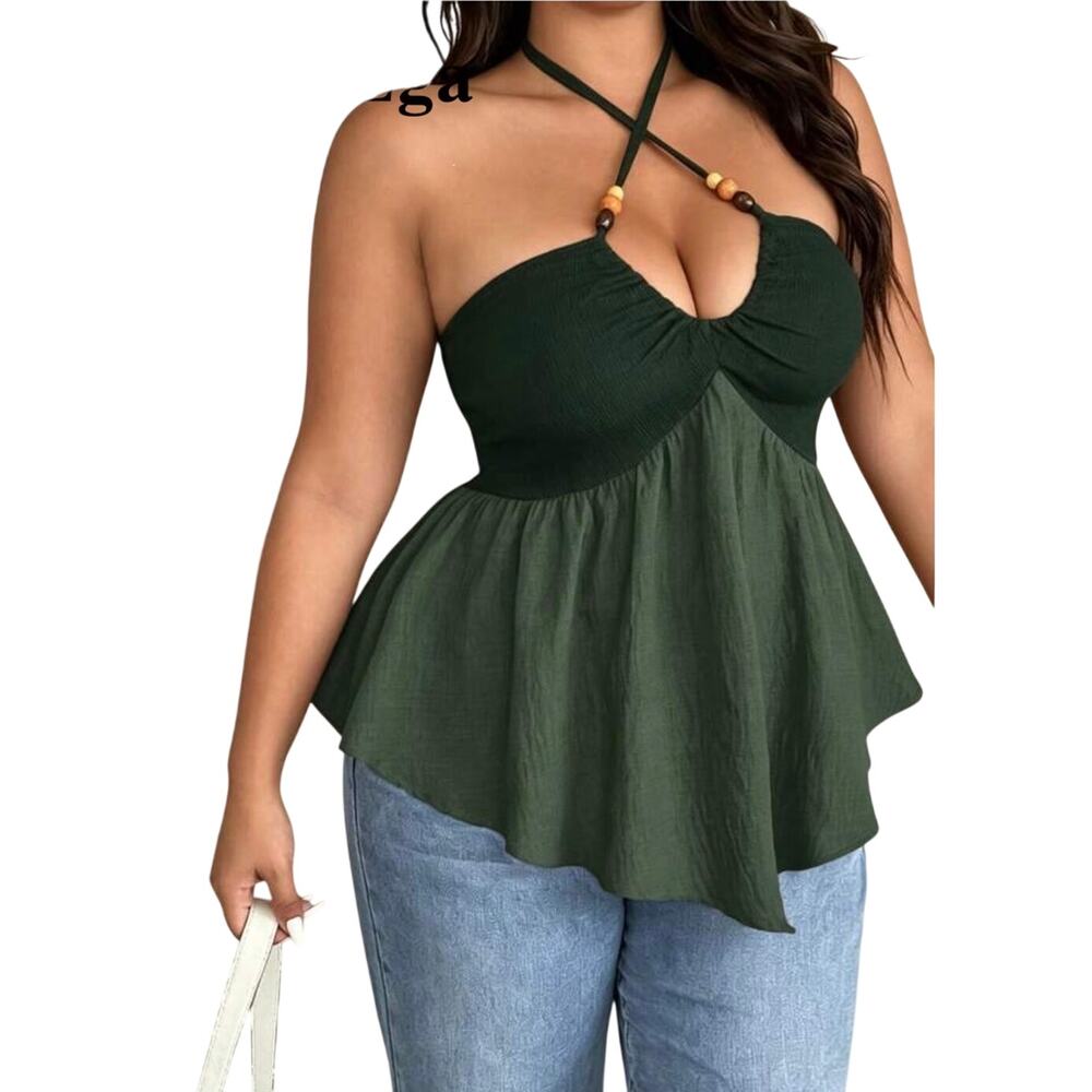 SHEIN Elenzga Curve Dark Green Boho Halter Top – Smocked Beaded Plus Size Cami